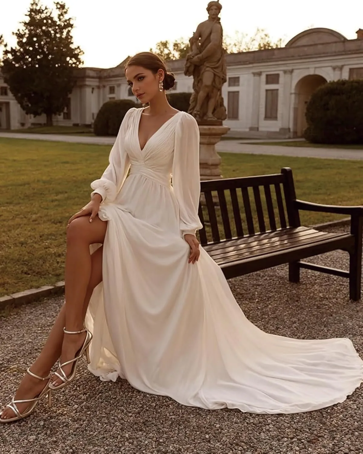 Long Sleeve Chiffon Off Shoulder White Plus Size Wedding Dress for Women Bridal Beach Dress