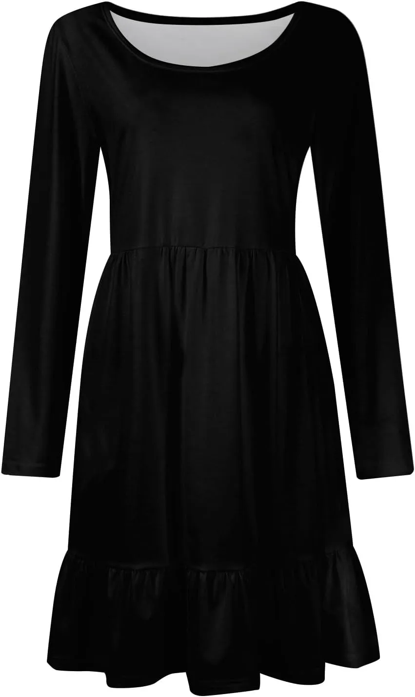 Long Sleeve Dress for Women Plus Size Casual Ruffle Tiered Swing Midi Dress with Pocket Tunic A-Line Dresses