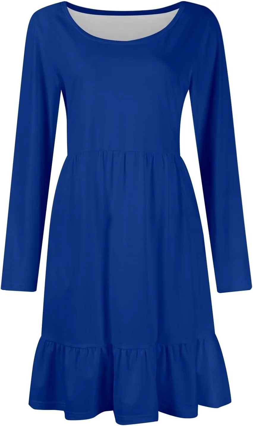 Long Sleeve Dress for Women Plus Size Casual Ruffle Tiered Swing Midi Dress with Pocket Tunic A-Line Dresses