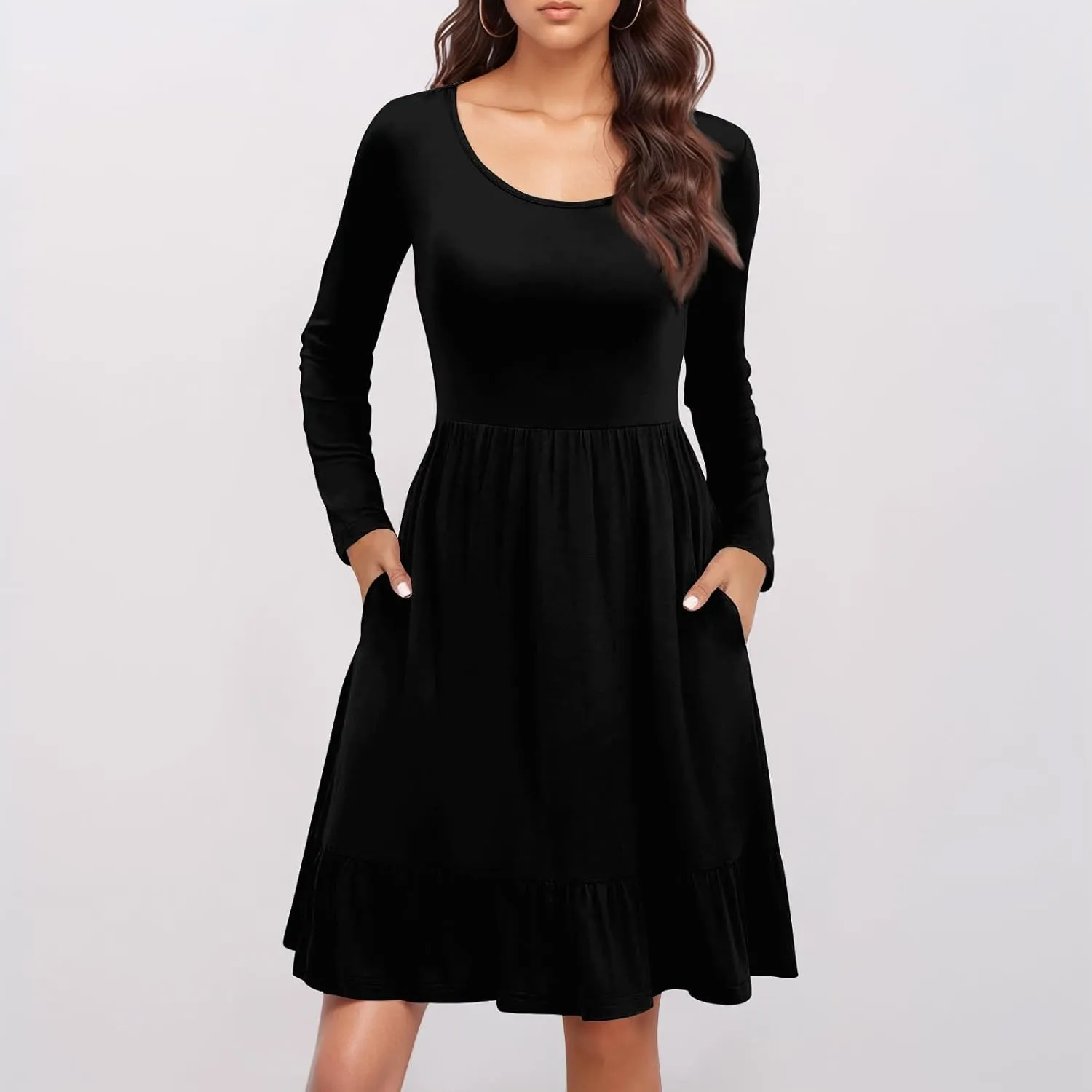 Long Sleeve Dress for Women Plus Size Casual Ruffle Tiered Swing Midi Dress with Pocket Tunic A-Line Dresses