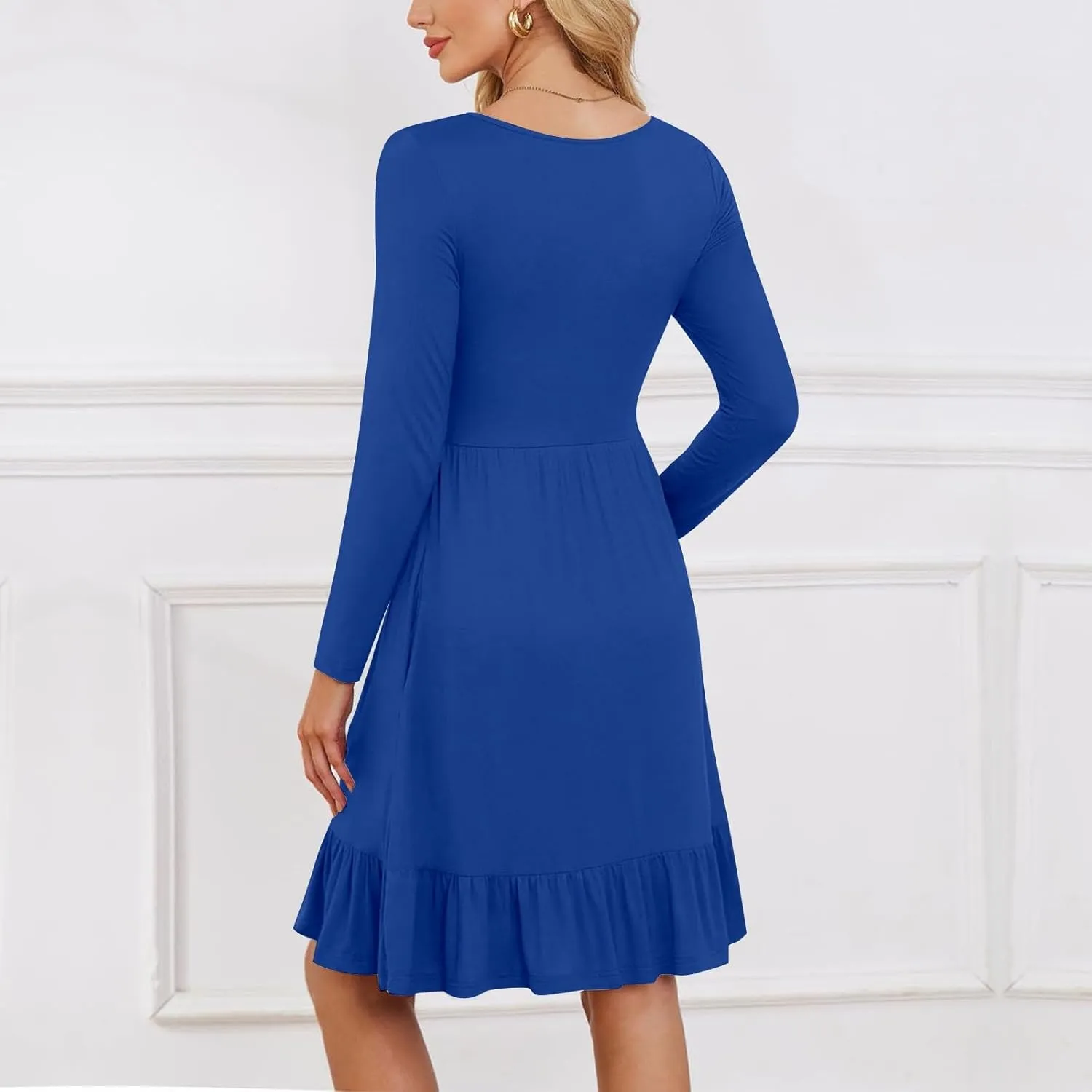 Long Sleeve Dress for Women Plus Size Casual Ruffle Tiered Swing Midi Dress with Pocket Tunic A-Line Dresses