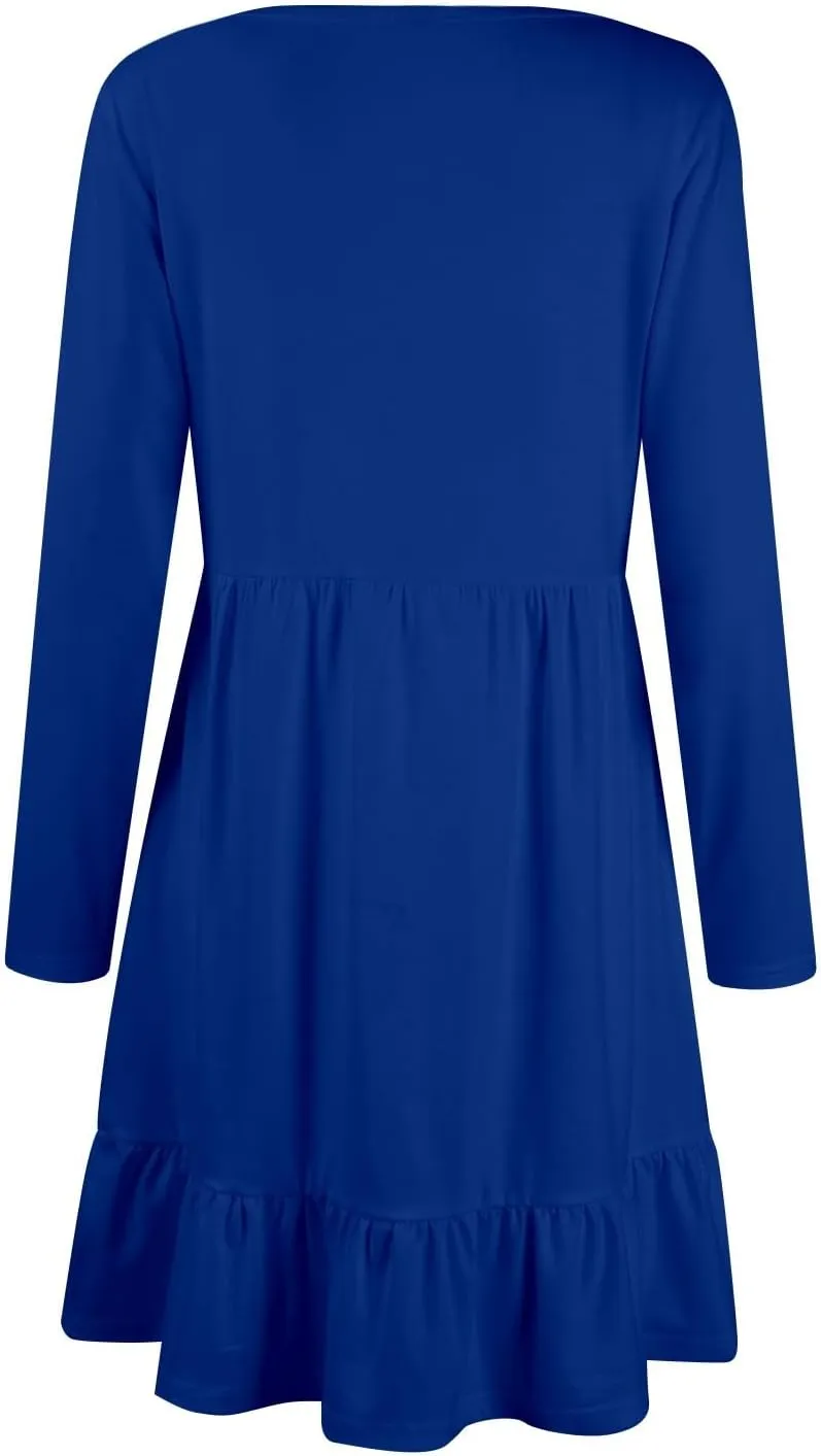 Long Sleeve Dress for Women Plus Size Casual Ruffle Tiered Swing Midi Dress with Pocket Tunic A-Line Dresses