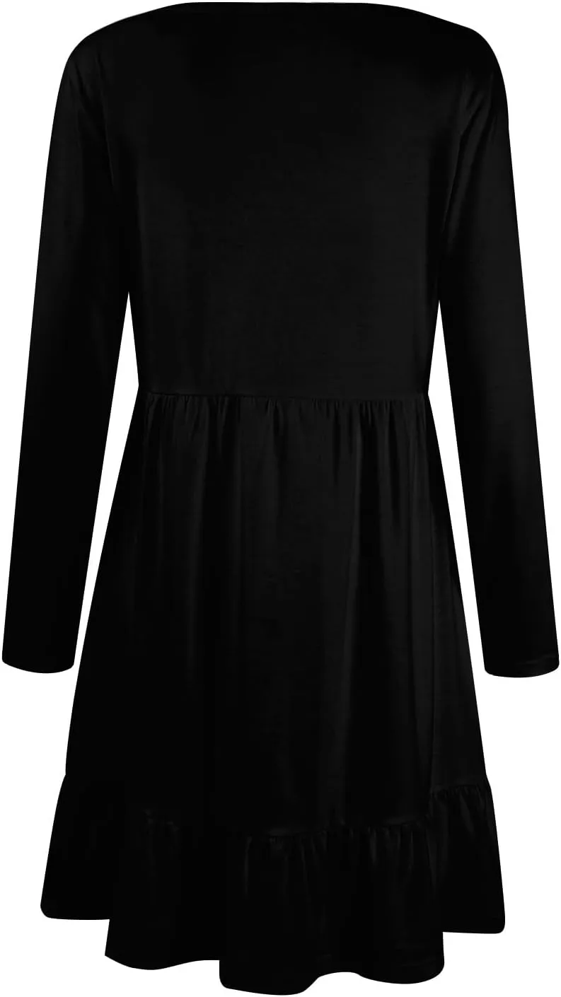 Long Sleeve Dress for Women Plus Size Casual Ruffle Tiered Swing Midi Dress with Pocket Tunic A-Line Dresses