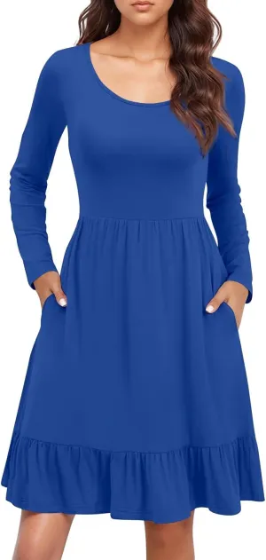 Long Sleeve Dress for Women Plus Size Casual Ruffle Tiered Swing Midi Dress with Pocket Tunic A-Line Dresses