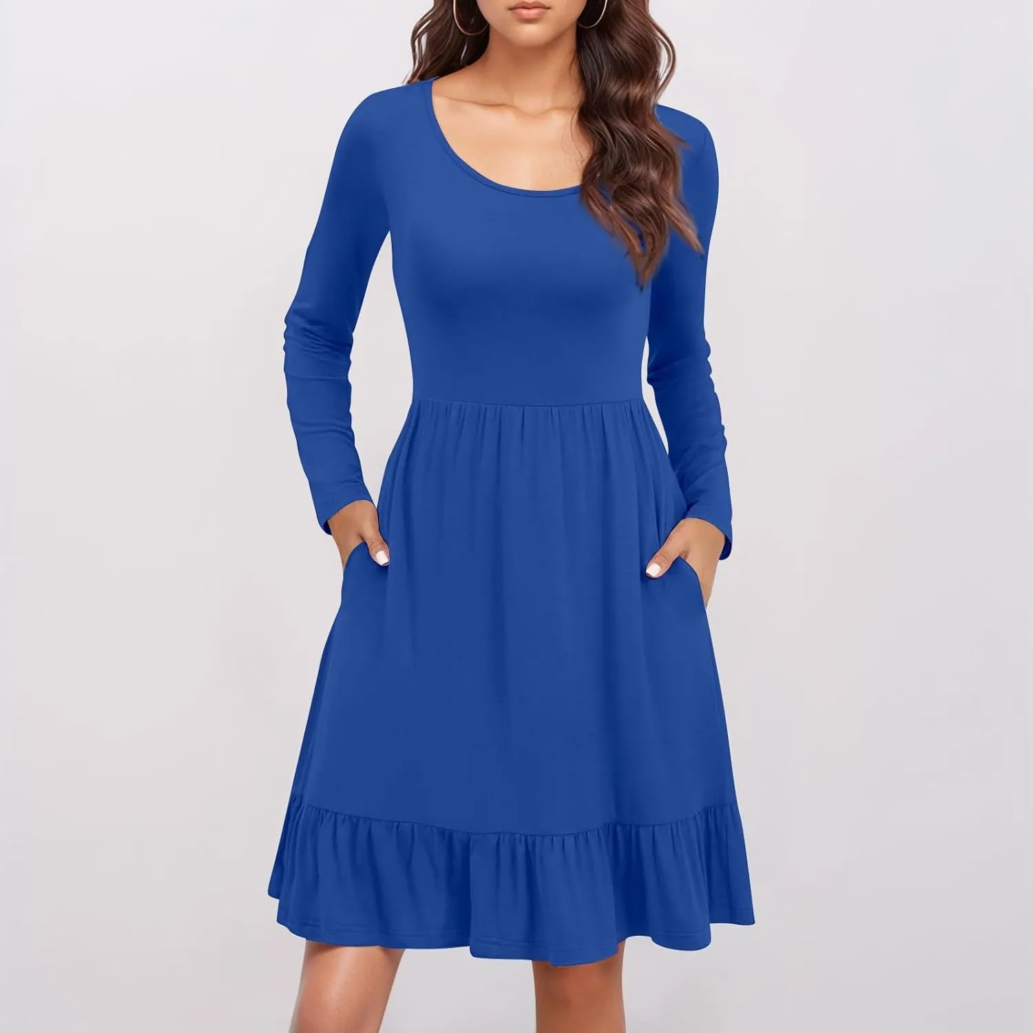 Long Sleeve Dress for Women Plus Size Casual Ruffle Tiered Swing Midi Dress with Pocket Tunic A-Line Dresses