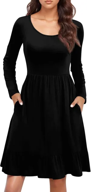 Long Sleeve Dress for Women Plus Size Casual Ruffle Tiered Swing Midi Dress with Pocket Tunic A-Line Dresses