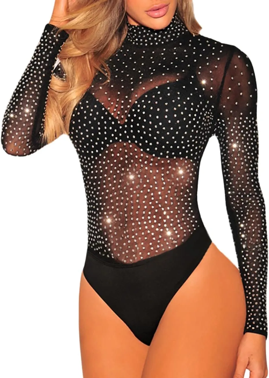 Lrady Women's Sheer Mesh Turtleneck Neck See Through Leotard Bodysuit Body Tops