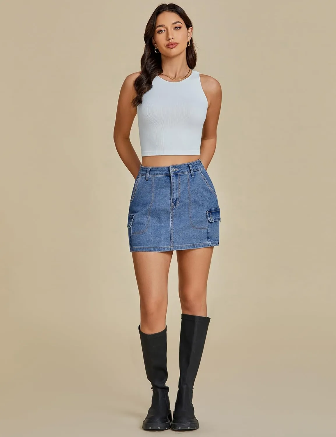 luvamia Jean Skirts for Women Denim Trendy High Waisted Mini Cargo Pockets Stretchy Short Skirt Country Concert Outfits