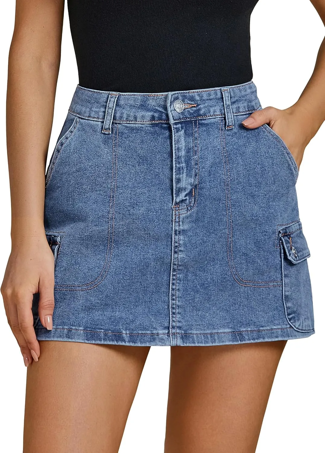 luvamia Jean Skirts for Women Denim Trendy High Waisted Mini Cargo Pockets Stretchy Short Skirt Country Concert Outfits