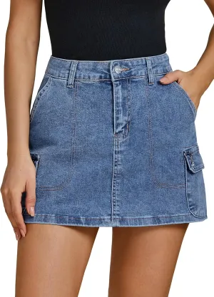 luvamia Jean Skirts for Women Denim Trendy High Waisted Mini Cargo Pockets Stretchy Short Skirt Country Concert Outfits
