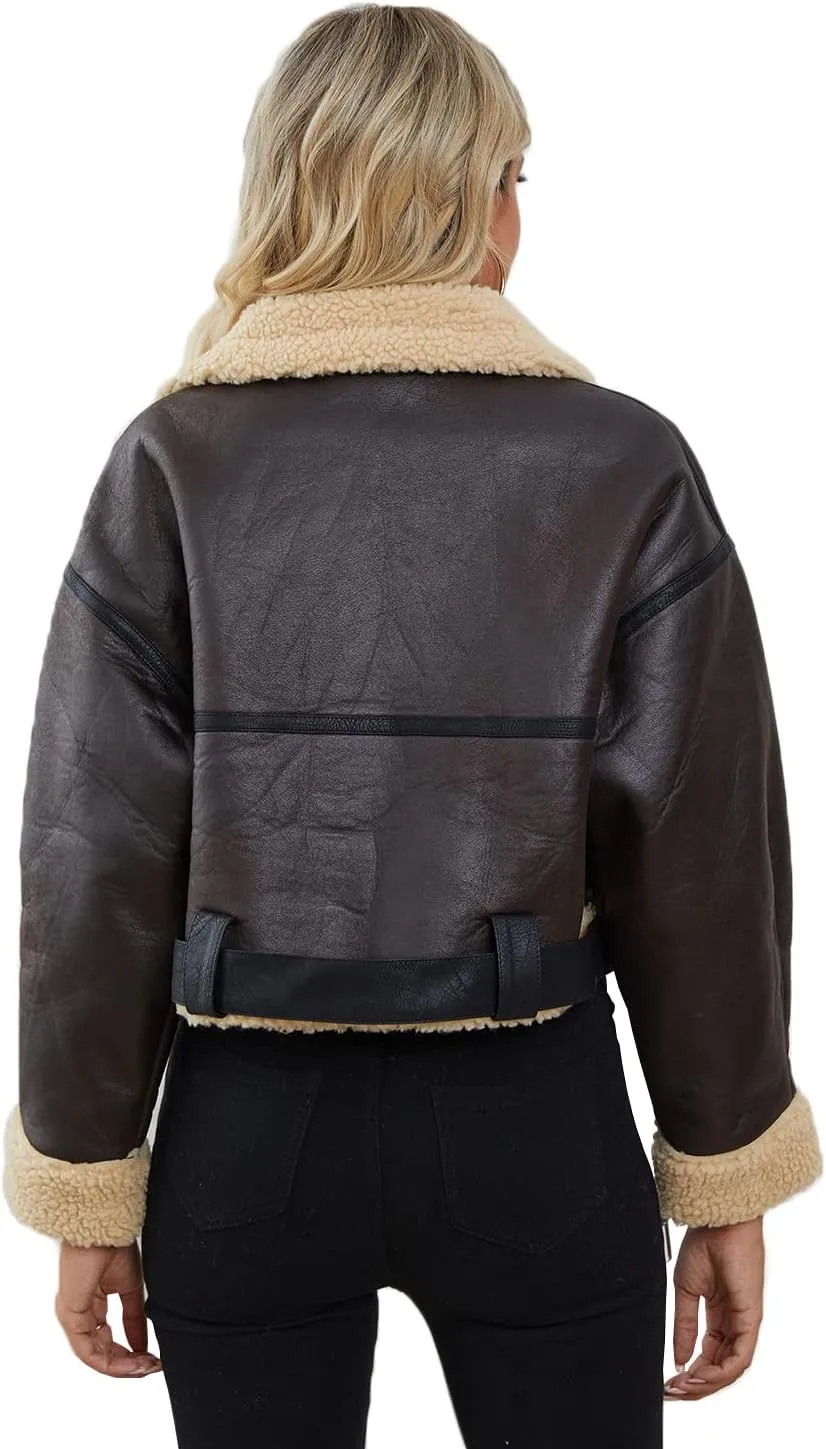 LY VAREY LIN Winter Women Faux Lamb Fur Leather Short Jacket Lapel Zipper Bomber Aviator Coat