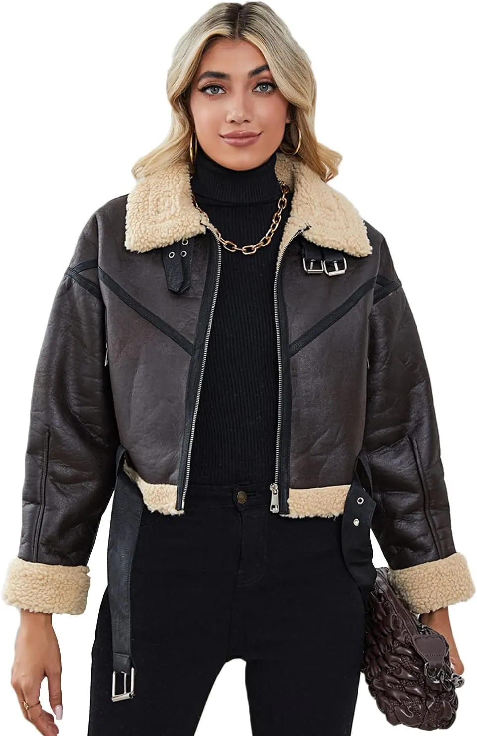 LY VAREY LIN Winter Women Faux Lamb Fur Leather Short Jacket Lapel Zipper Bomber Aviator Coat
