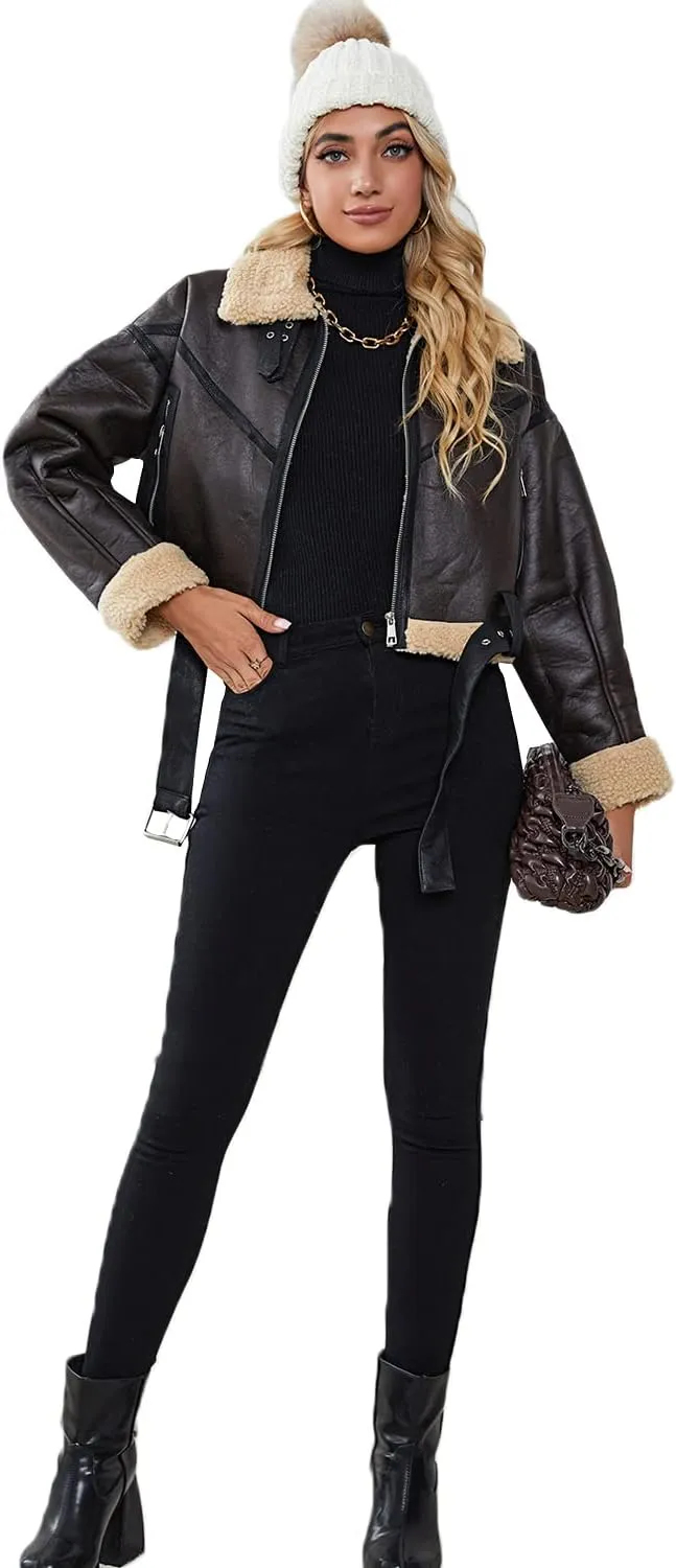 LY VAREY LIN Winter Women Faux Lamb Fur Leather Short Jacket Lapel Zipper Bomber Aviator Coat