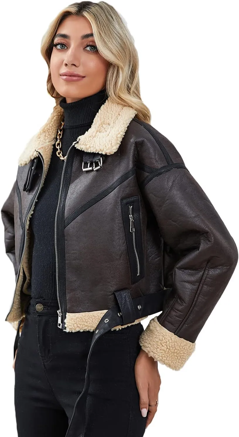 LY VAREY LIN Winter Women Faux Lamb Fur Leather Short Jacket Lapel Zipper Bomber Aviator Coat