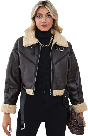 LY VAREY LIN Winter Women Faux Lamb Fur Leather Short Jacket Lapel Zipper Bomber Aviator Coat