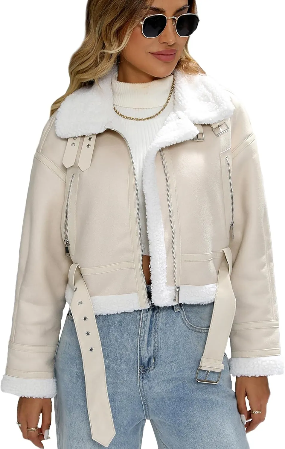 LY VAREY LIN Winter Women Faux Lamb Fur Leather Short Jacket Lapel Zipper Bomber Aviator Coat