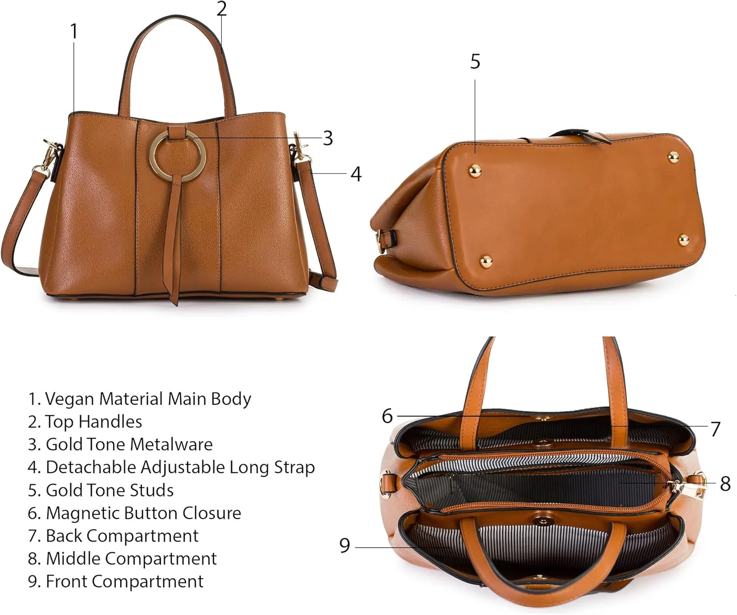 Mabel Womens Multiple Pockets Handbag - Top Handle Shoulder Satchel Bag - Trendy & Lightweight - 100% Vegan PU Leather - LUMI