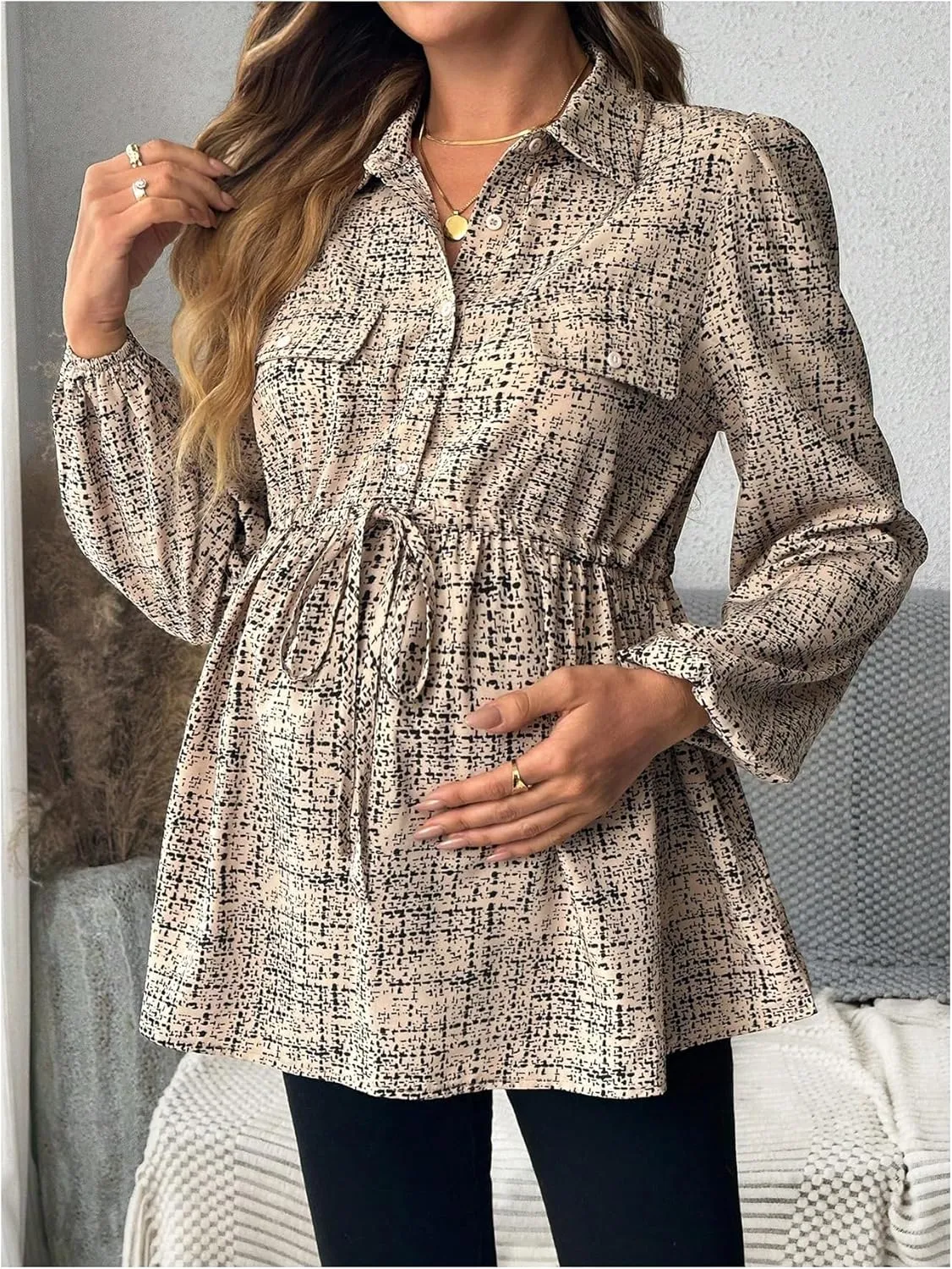 MakeMeChic Women's Maternity Shirts Long Sleeve Belted Button Down Casual Pregnancy Blouse Tops