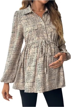 MakeMeChic Women's Maternity Shirts Long Sleeve Belted Button Down Casual Pregnancy Blouse Tops