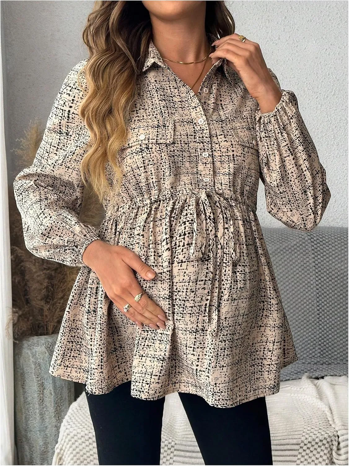 MakeMeChic Women's Maternity Shirts Long Sleeve Belted Button Down Casual Pregnancy Blouse Tops