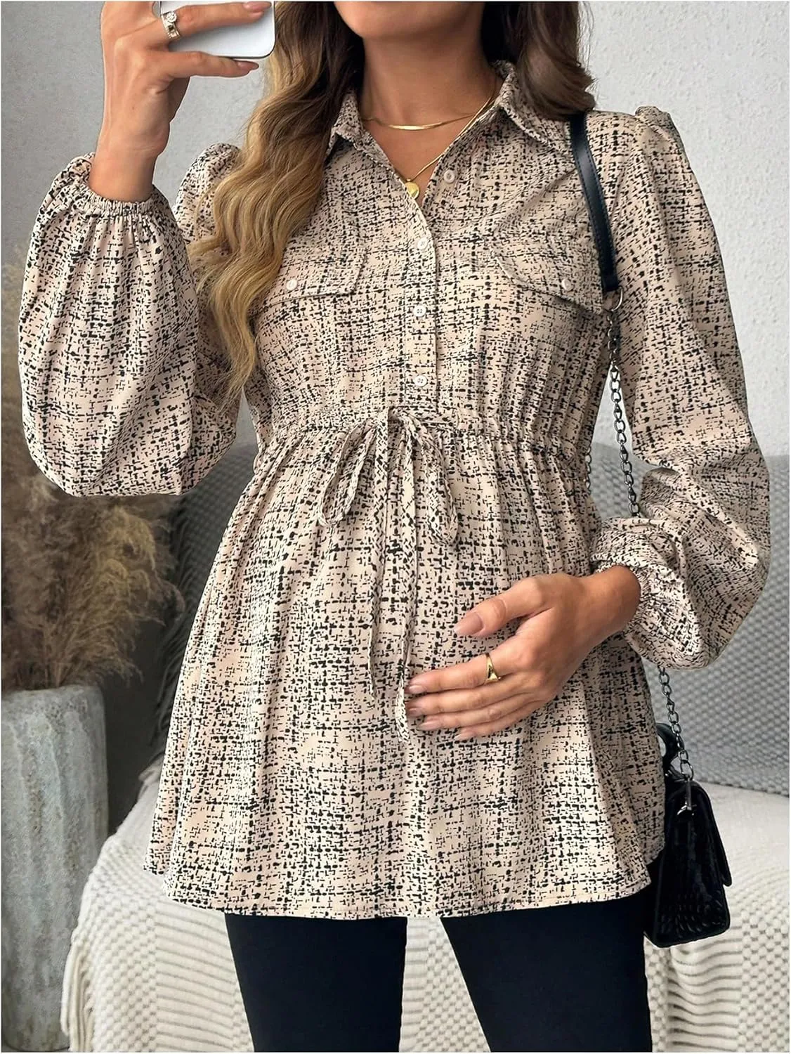 MakeMeChic Women's Maternity Shirts Long Sleeve Belted Button Down Casual Pregnancy Blouse Tops
