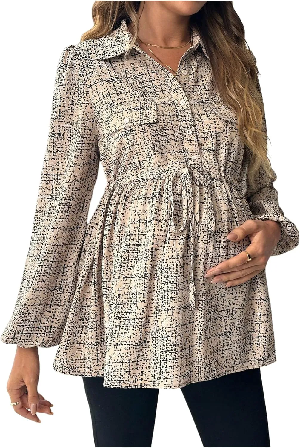 MakeMeChic Women's Maternity Shirts Long Sleeve Belted Button Down Casual Pregnancy Blouse Tops