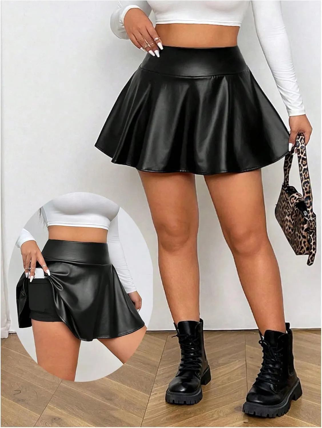 MakeMeChic Women's Plus Size PU Faux Leather Skirt A Line Flared Mini Skater Skirts Skorts