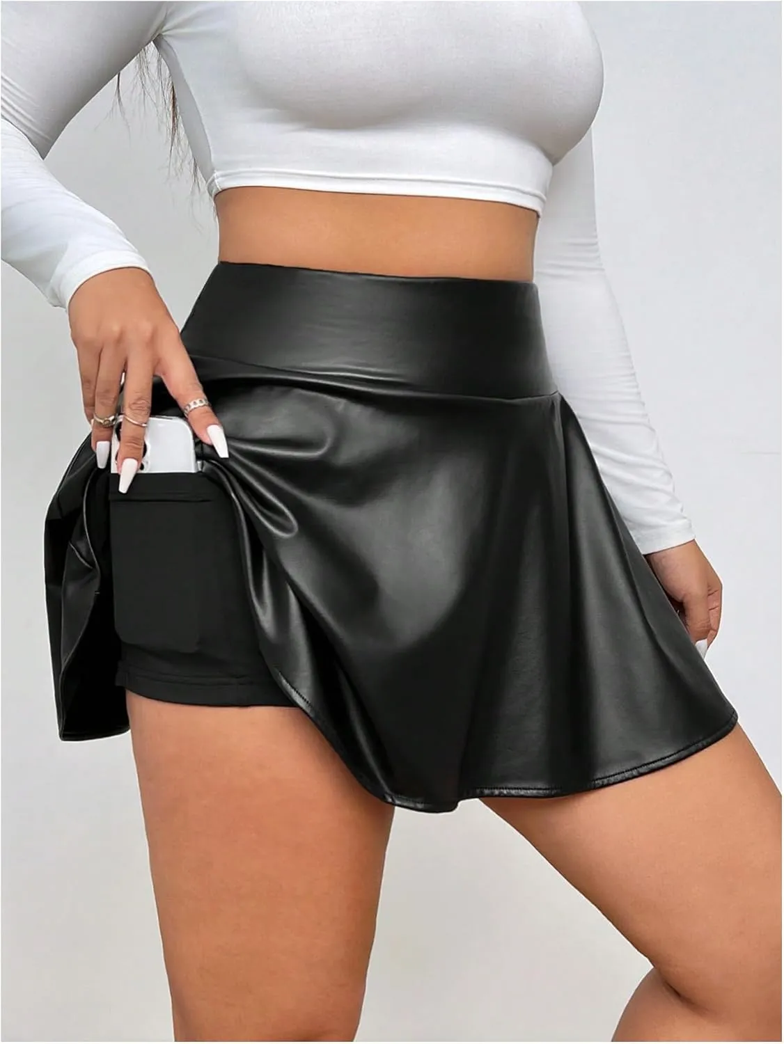 MakeMeChic Women's Plus Size PU Faux Leather Skirt A Line Flared Mini Skater Skirts Skorts