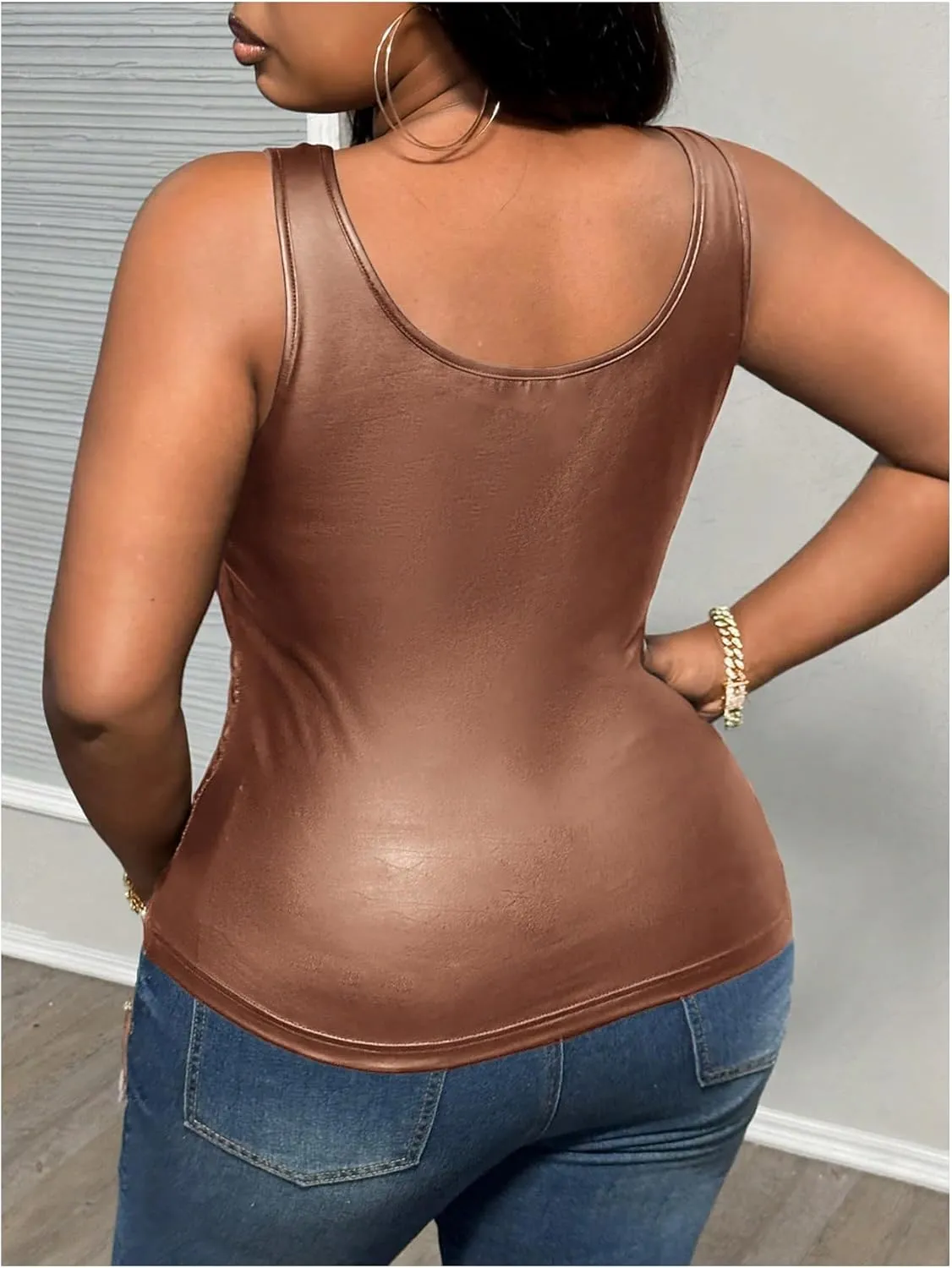 MakeMeChic Women's Plus Size PU Leather Tank Top Square Neck Ruched Sleeveless Y2K Vest