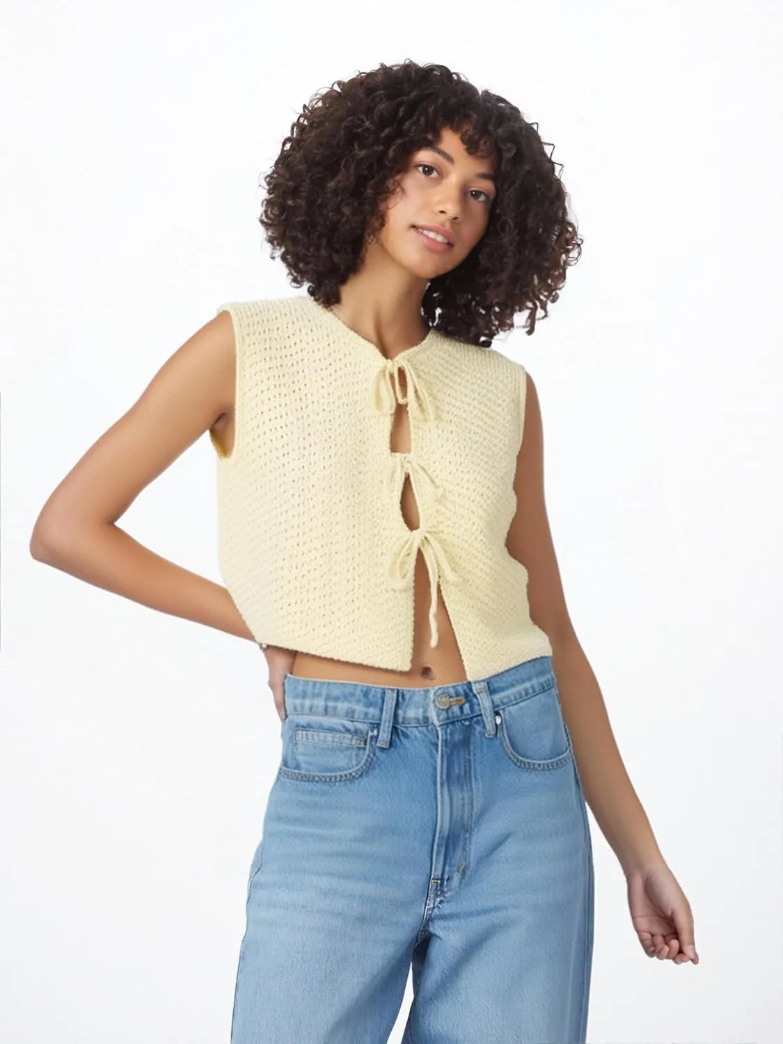 Mansy Women Tie Front Vest Top Y2k Knit V Neck Sleeveless Crop Sweater Tank Vintage Casual Streetwear