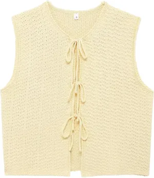 Mansy Women Tie Front Vest Top Y2k Knit V Neck Sleeveless Crop Sweater Tank Vintage Casual Streetwear