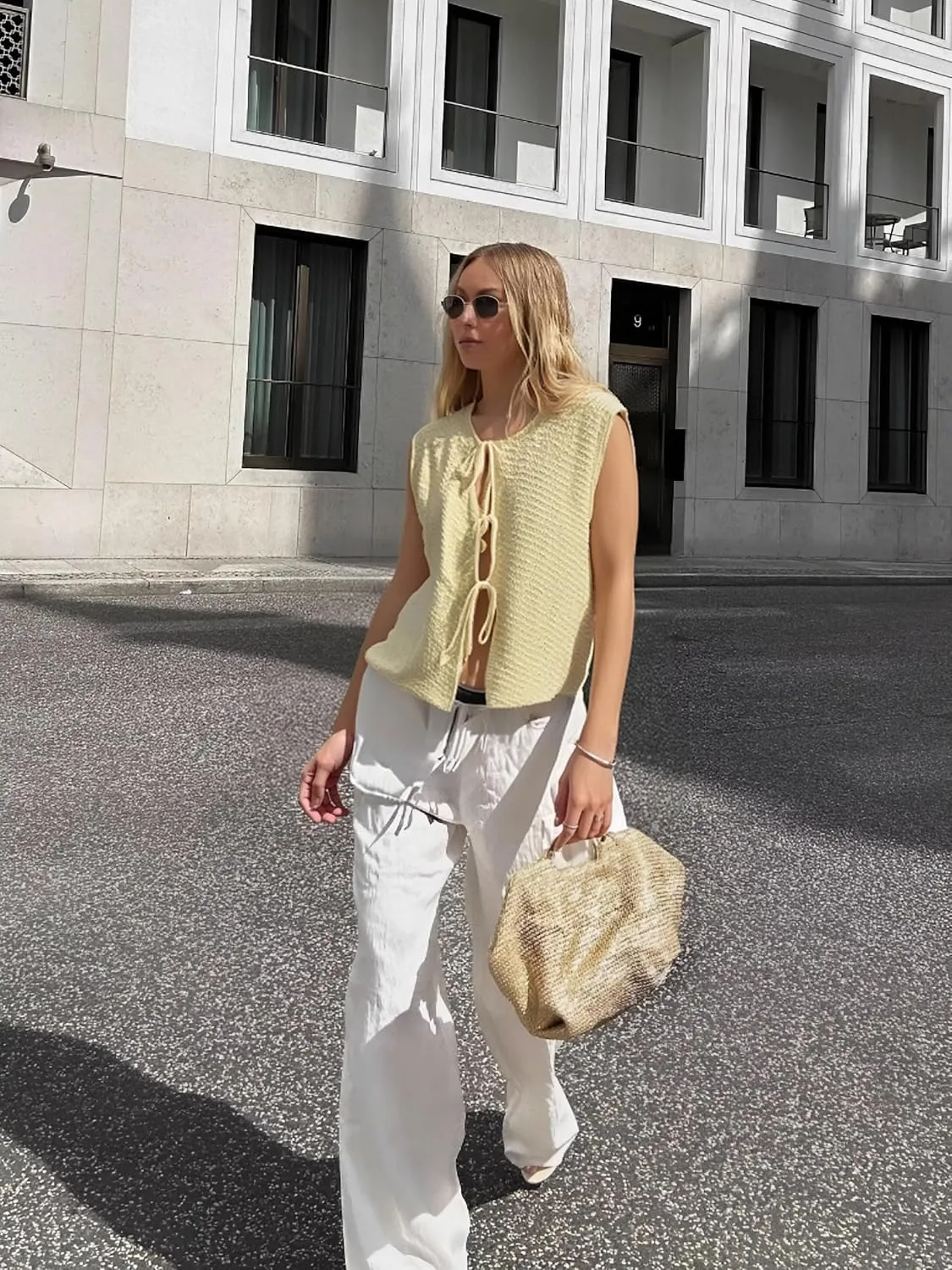 Mansy Women Tie Front Vest Top Y2k Knit V Neck Sleeveless Crop Sweater Tank Vintage Casual Streetwear