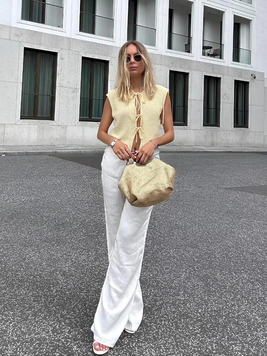 Mansy Women Tie Front Vest Top Y2k Knit V Neck Sleeveless Crop Sweater Tank Vintage Casual Streetwear