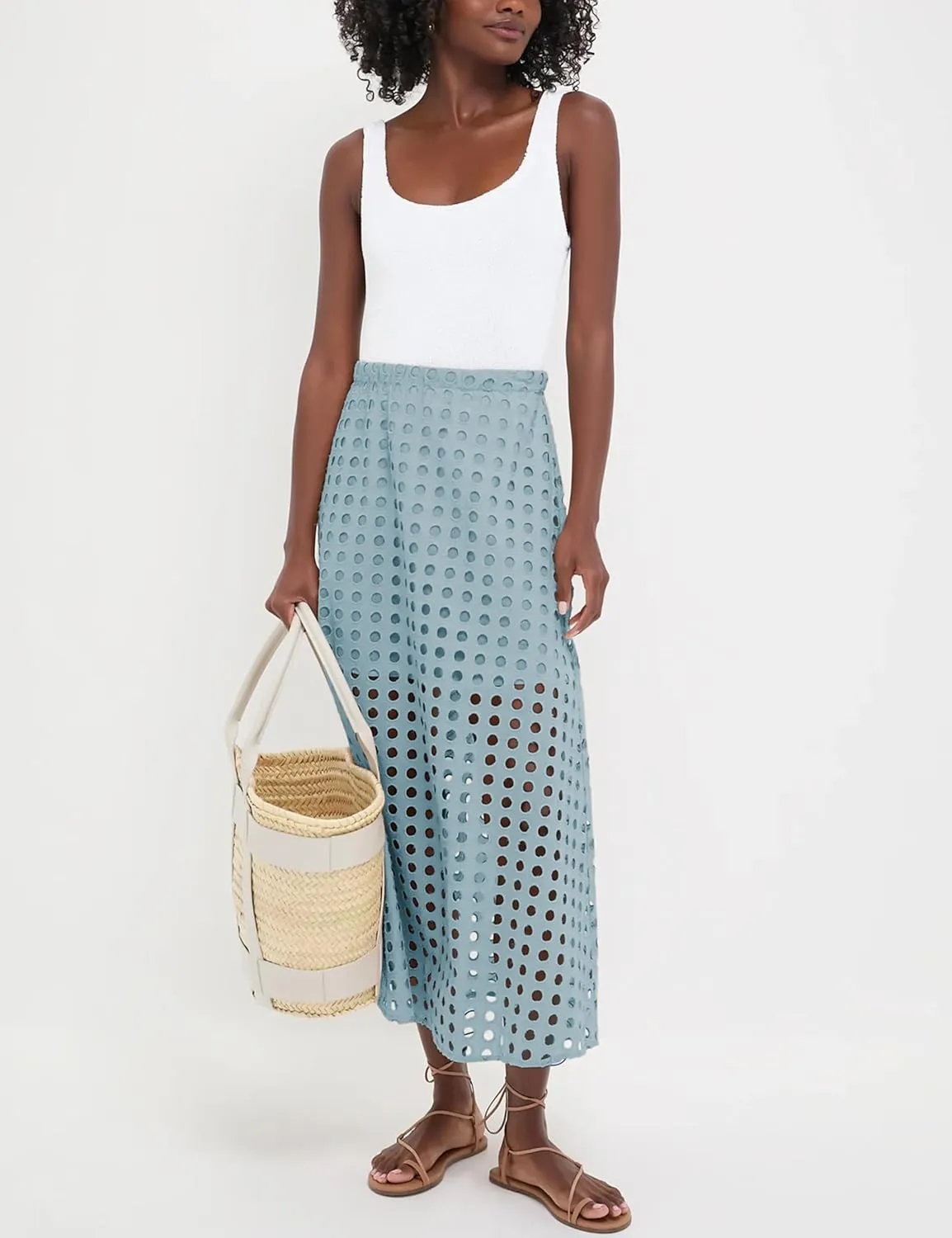 Melliflo Women Eyelet Maxi Skirt 2025 Summer Holow Out High Elastic Waist Beach Skirts with Underneath