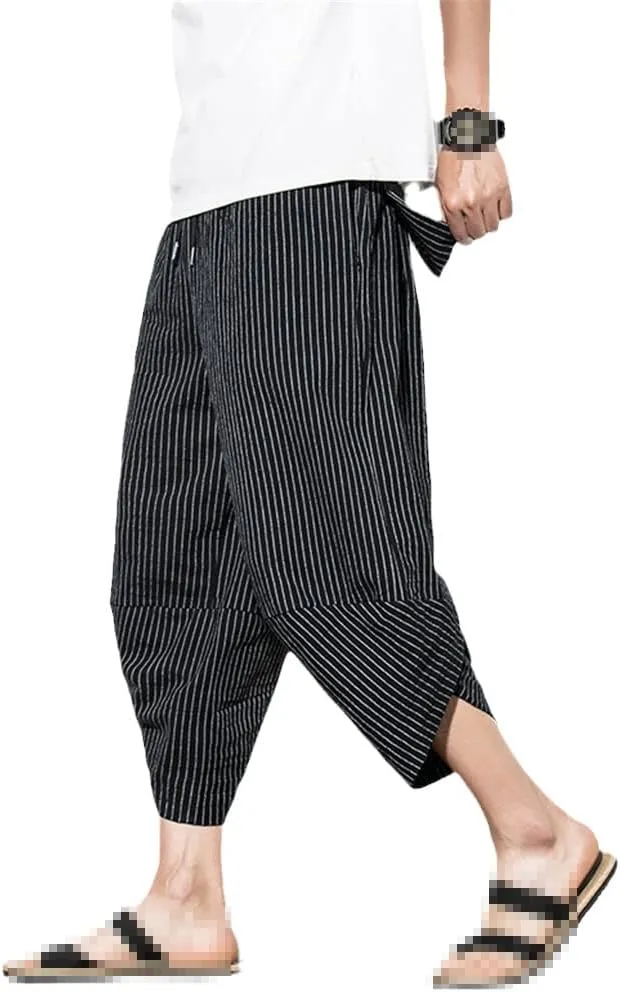 Men Baggy Cotton Harem Pants Summer Vintage Striped Pants Men Women Hip Hop Plus Size Wide Leg Pants