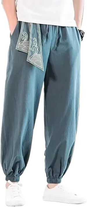 Men Hippie Harem Pants Baggy Linen Casual Drop Crotch Trouser Men's Casual Jogger Pants with Elastic Waist