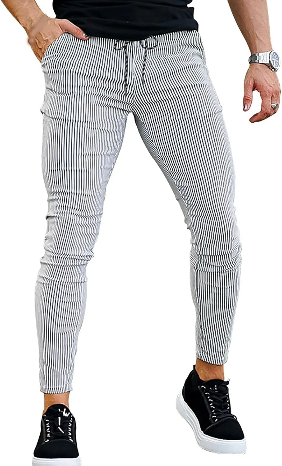Mens Comfy Solid Stretch Skinny Pants Fashion Style Flat-Front Casual Slim Fit Business Dress Chinos Pants