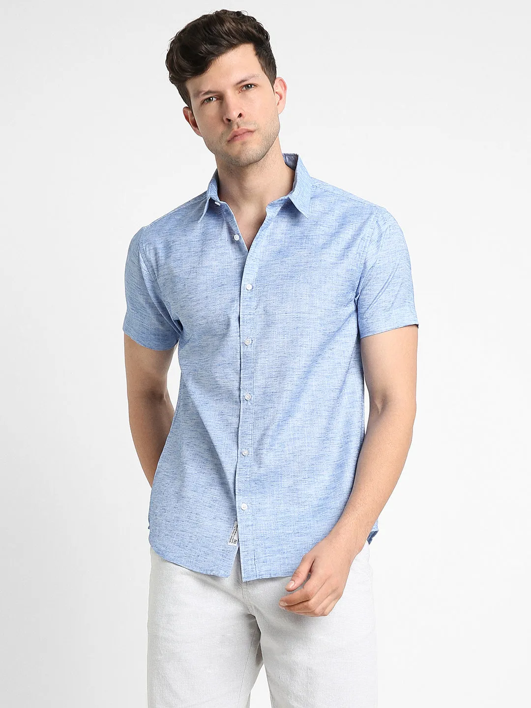Men's Regular Collar Slim Fit Solid Blue Casual Shirts