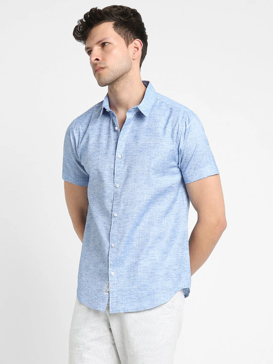 Men's Regular Collar Slim Fit Solid Blue Casual Shirts