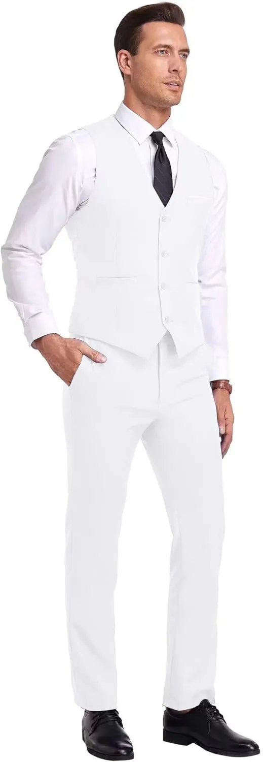 Mens Suits Vest Pant Set, Slim Fit 2 Pieces Casual Suit Waistcoat Wedding Groomsmen