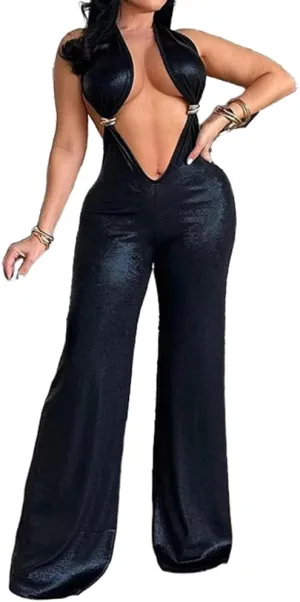 Molilove Women's Leather Jumpsuit Halter V Neck Cutout Jumpsuit Sleeveless Sexy Jumpsuit Wide Leg Pant Faux Leather Club Wear