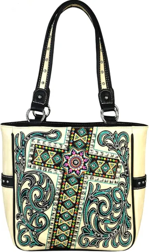 Montana West MW546-8559 Colorful Embroidered Cross Spiritual Tote Bag Shoulder Handbag (Beige)