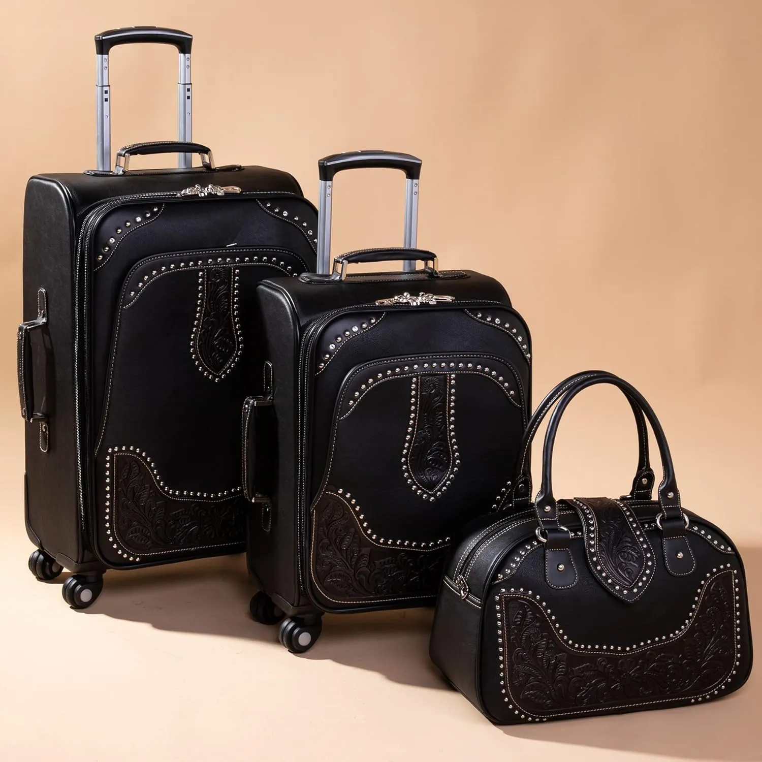 Montana West Western Tooling Luggage 3 Piece Sets Suitcase Embossed Vegan Leather Spinner Wheels Carry On Duffle Bag for Travel Black MBB-WRL-L1-2-3 BK