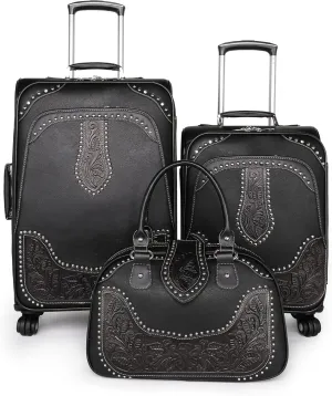 Montana West Western Tooling Luggage 3 Piece Sets Suitcase Embossed Vegan Leather Spinner Wheels Carry On Duffle Bag for Travel Black MBB-WRL-L1-2-3 BK