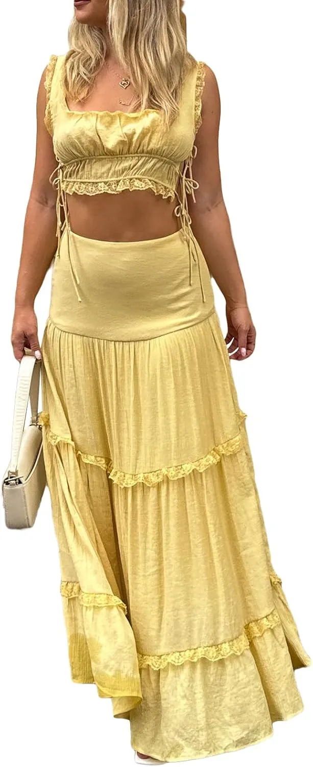 Muineobuka Women's 2Pcs Lace Long Skirt Sets Outfits Sleeveless U-Neck Tank Tops Low Waist Maxi Skirt Set Summer Beachwear