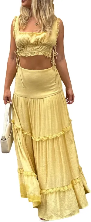 Muineobuka Women's 2Pcs Lace Long Skirt Sets Outfits Sleeveless U-Neck Tank Tops Low Waist Maxi Skirt Set Summer Beachwear