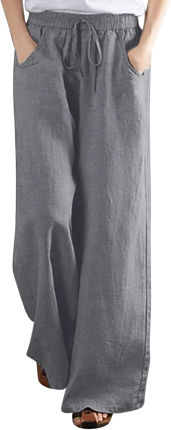 NATHGAM Womens Straight Pants Drawstring Elastic High Waist Pants Summer Casual Baggy Wide Leg Linen Trousers with Pockets
