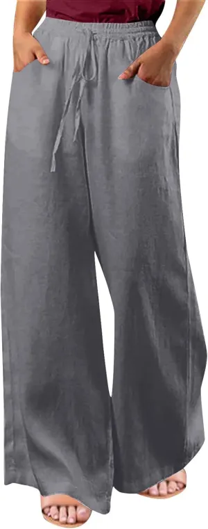 NATHGAM Womens Straight Pants Drawstring Elastic High Waist Pants Summer Casual Baggy Wide Leg Linen Trousers with Pockets
