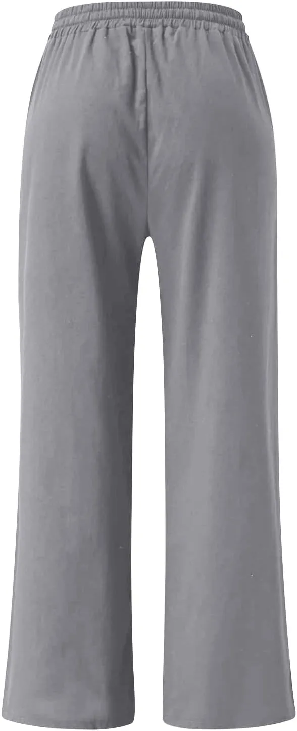 NATHGAM Womens Straight Pants Drawstring Elastic High Waist Pants Summer Casual Baggy Wide Leg Linen Trousers with Pockets