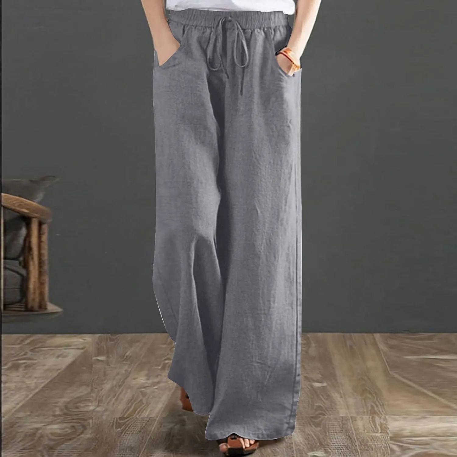 NATHGAM Womens Straight Pants Drawstring Elastic High Waist Pants Summer Casual Baggy Wide Leg Linen Trousers with Pockets
